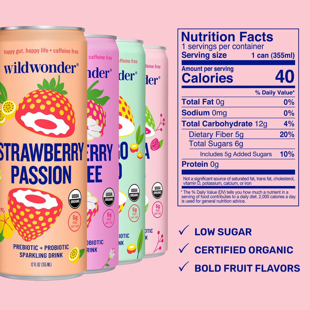 Wildwonder Sparkling Probiotic Juice Drink 12pk, w/Gut Health Immunity & Support 5g Fiber, Live Probiotics, Caffeine Free, Organic, Vegan, Low Sugar, 12pk 12oz, As Seen on Shark Tank