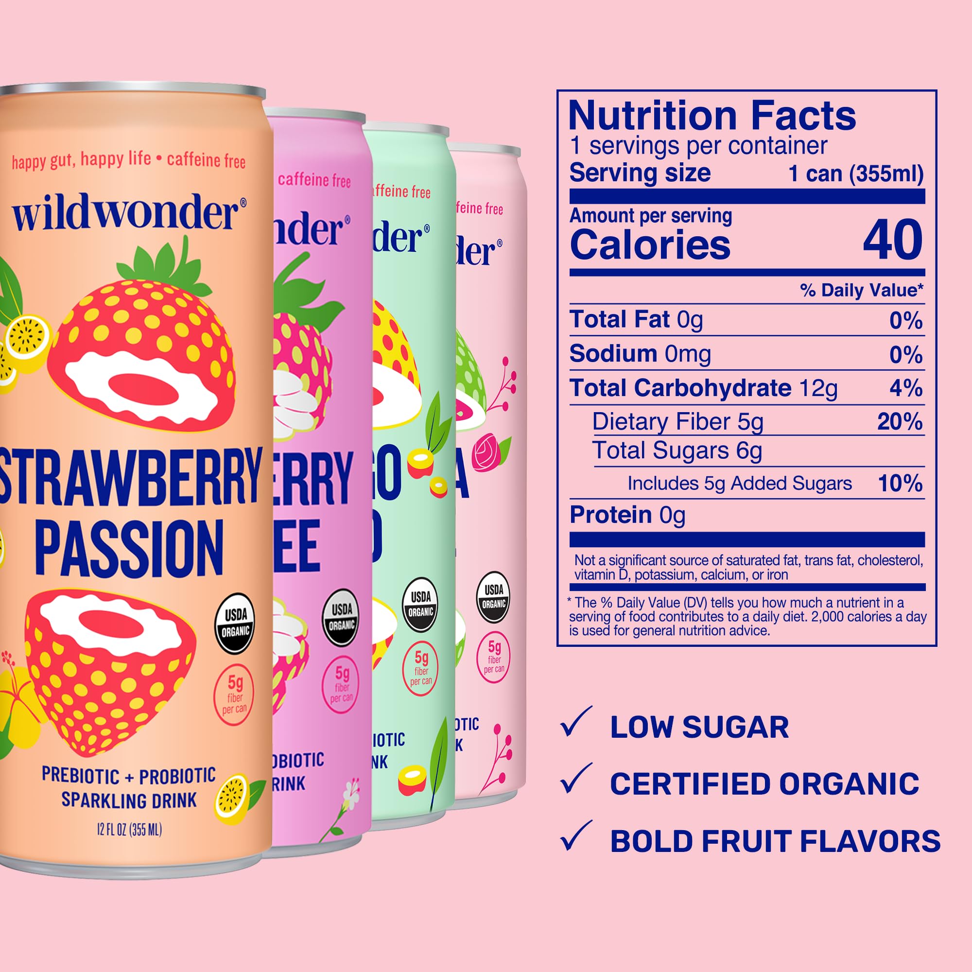 Wildwonder Sparkling Probiotic Juice Drink 12pk, w/Gut Health Immunity & Support 5g Fiber, Live Probiotics, Caffeine Free, Organic, Vegan, Low Sugar, 12pk 12oz, As Seen on Shark Tank