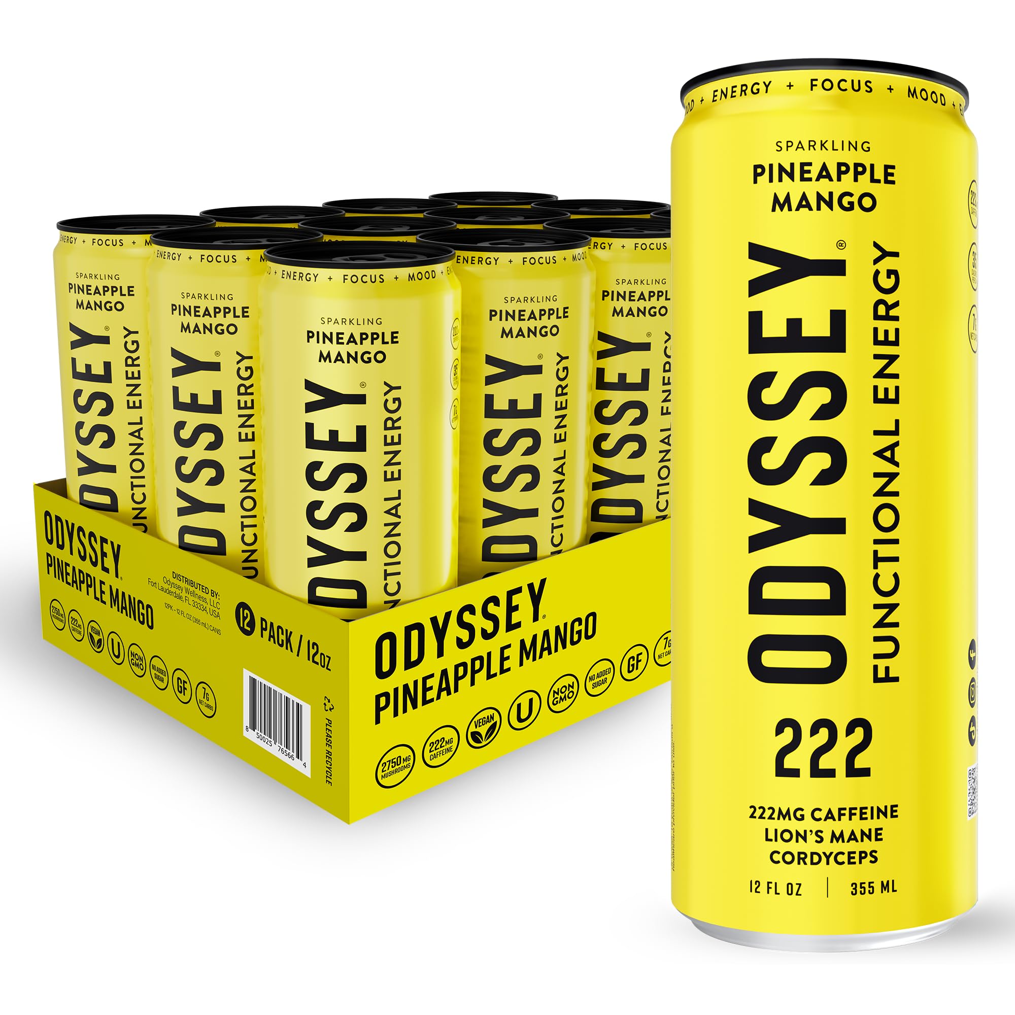 Odyssey Functional Energy Drink for Focus, Cognition & Mood Support 12 Pack - Adaptopgenic Drink with 222mg Green Tea Caffeine, Lion’s Mane, Cordyceps, L-Theanine & Ginseng
