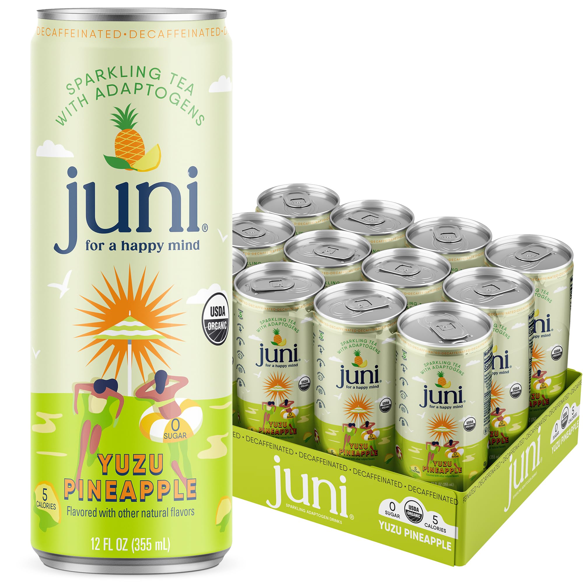 Juni Sparkling Adaptogen Drink with Ashwagandha, Lion’s Mane & Reishi Mushrooms | Green Tea for Focus, Zero Sugar, 5 Calories | Decaffeinated, Non Alcoholic Drinks -12oz Cans