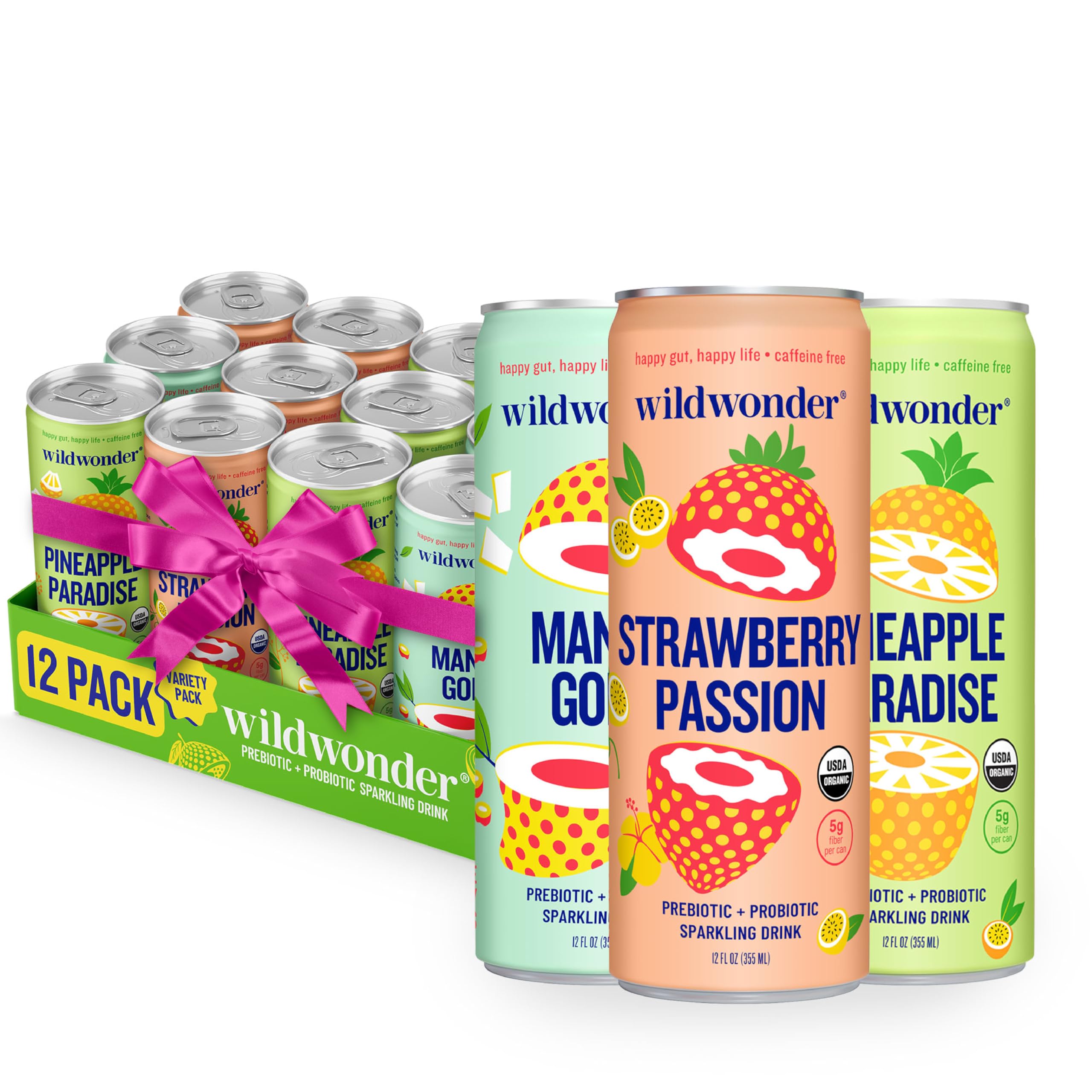 Wildwonder Sparkling Probiotic Juice Drink 12pk, w/Gut Health Immunity & Support 5g Fiber, Live Probiotics, Caffeine Free, Organic, Vegan, Low Sugar, 12pk 12oz, As Seen on Shark Tank