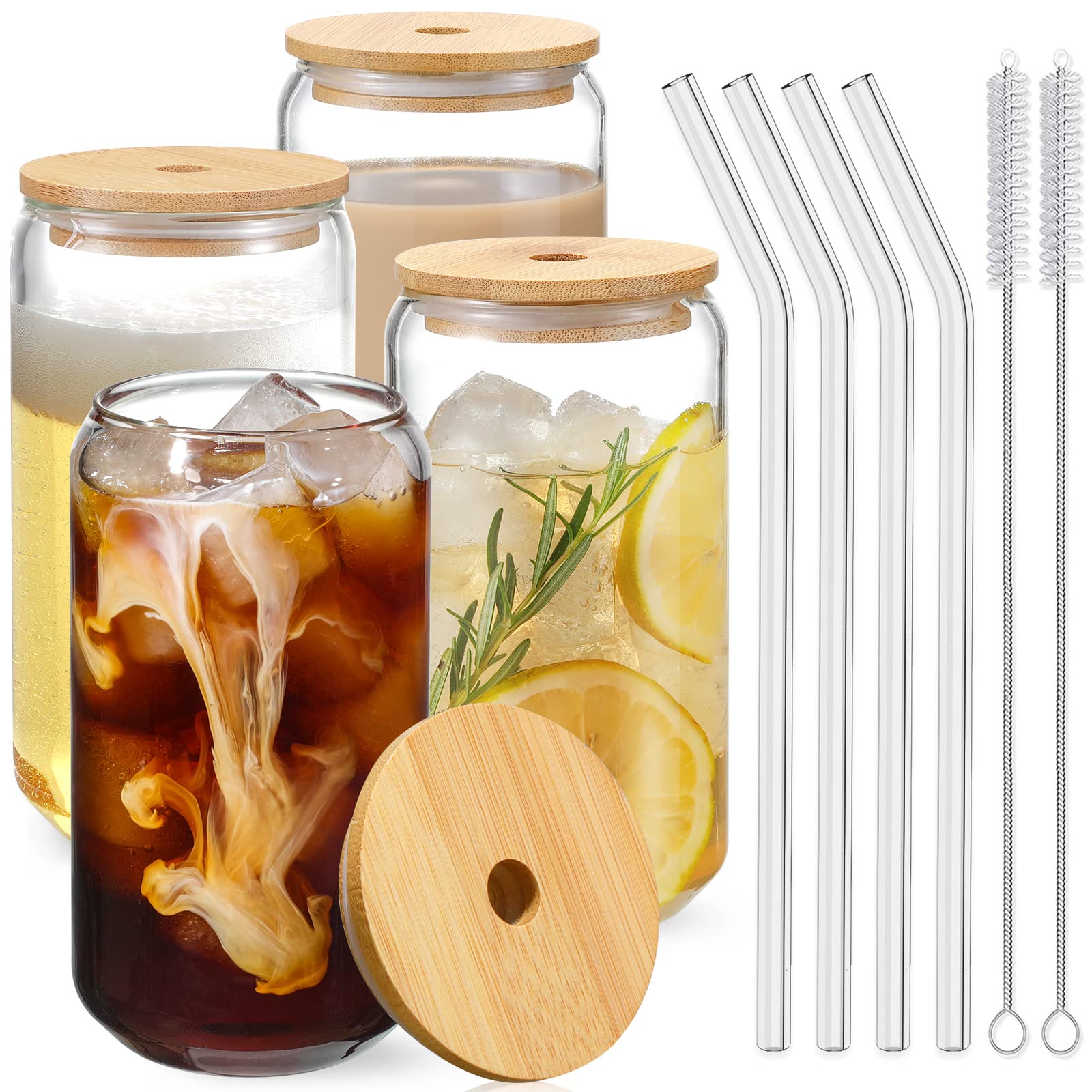 NETANY Drinking Glasses with Bamboo Lids and Glass Straw