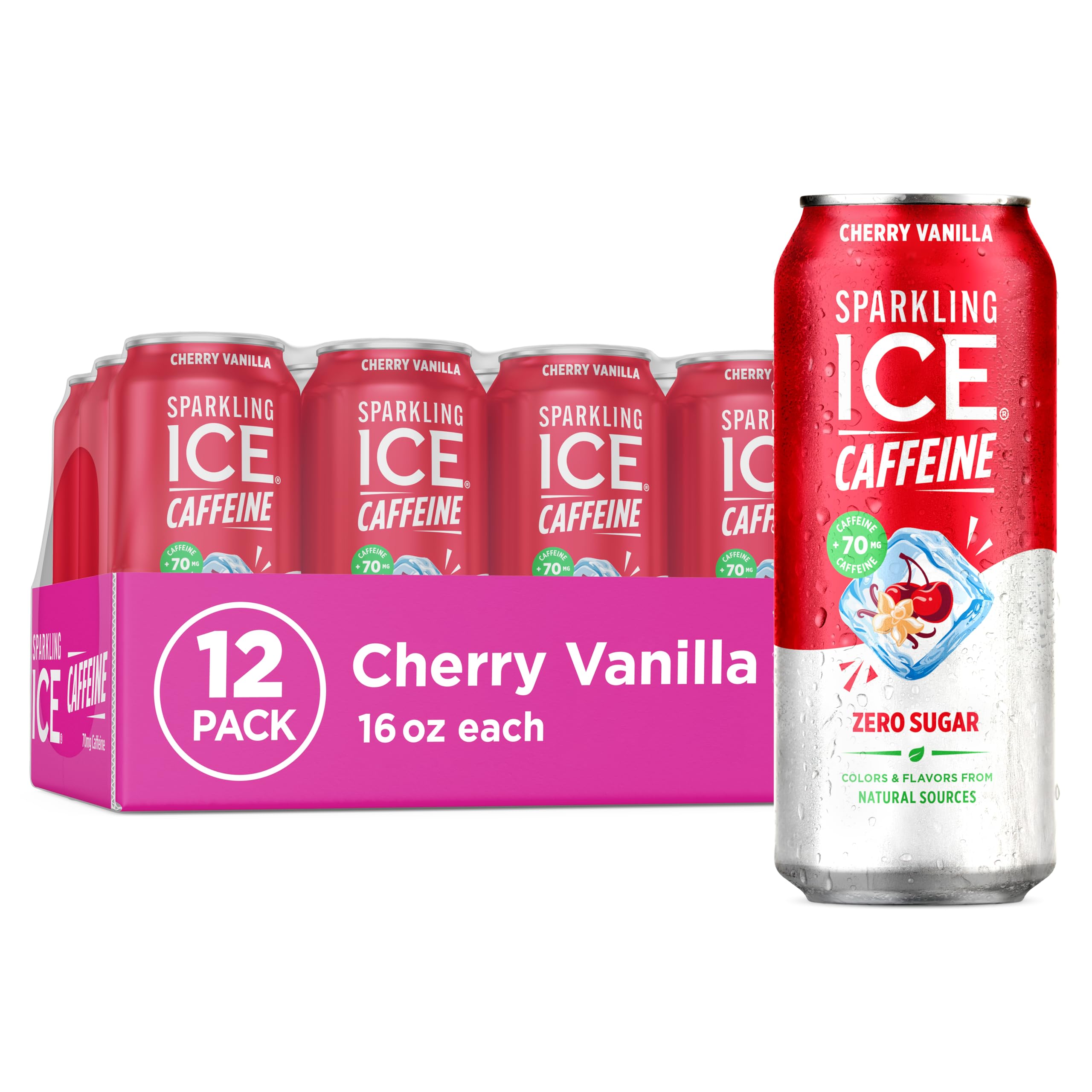 Sparkling Ice +Caffeine Sparkling Water, with Antioxidants and Vitamins, Zero Sugar, 16 fl oz Cans (Pack of 12)