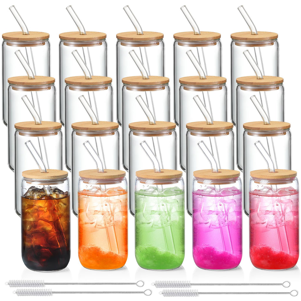 NETANY Drinking Glasses with Bamboo Lids and Glass Straw