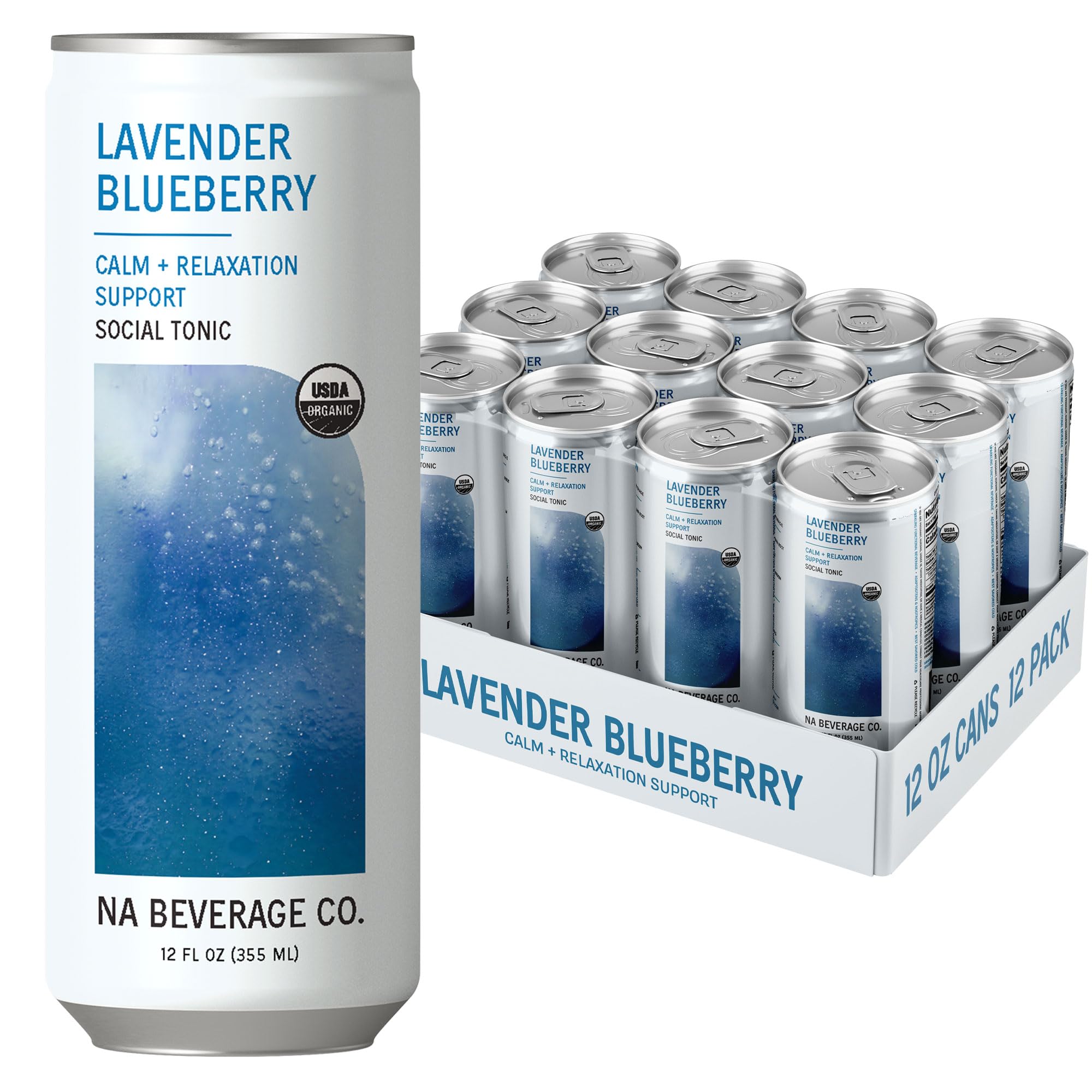 NA Beverage Social Tonic, Non-Alcoholic Functional Mocktails with Ashwagandha, Mushrooms and Magnesium for Calming, Lavender Blueberry, 12oz Cans (12 Pack)
