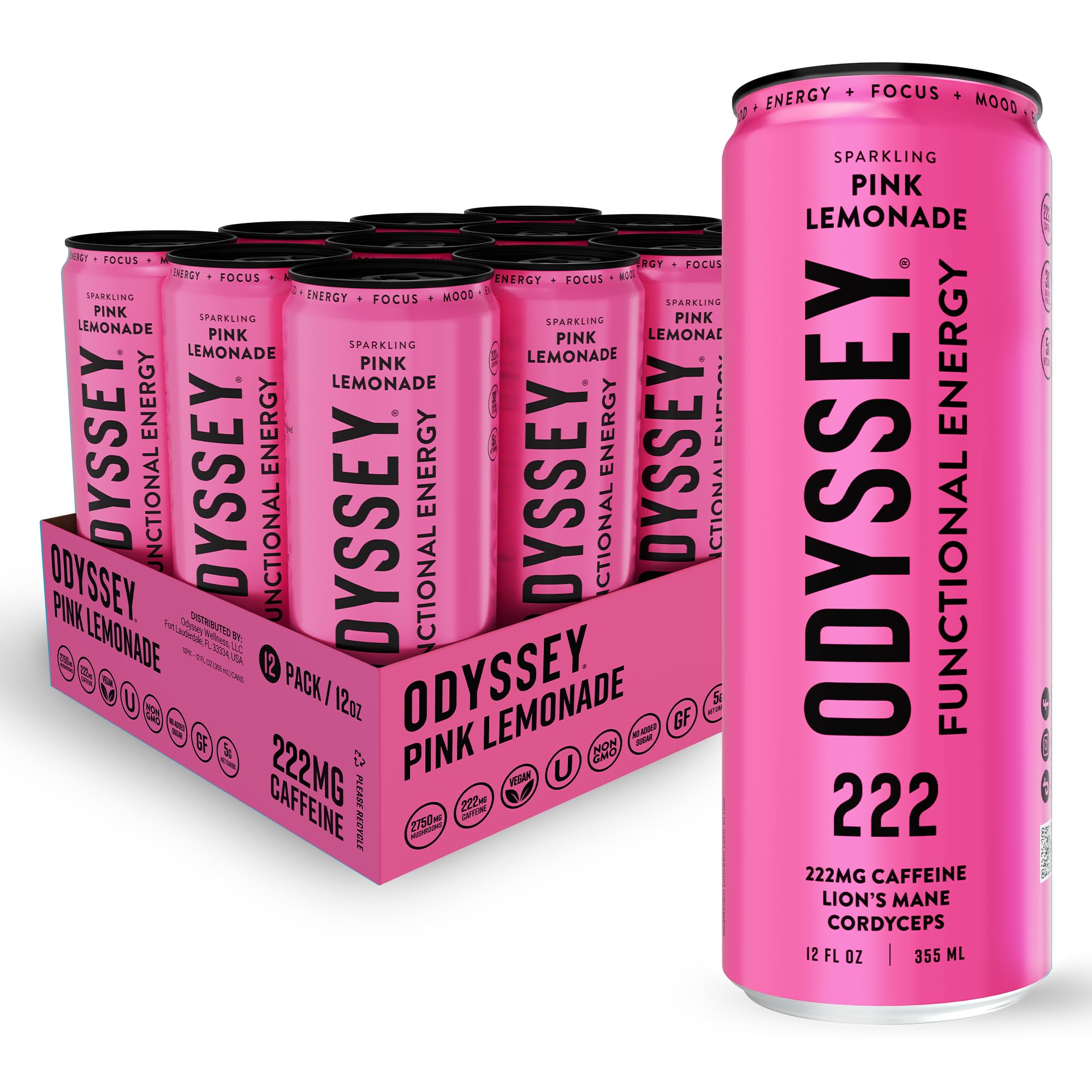 Odyssey Functional Energy Drink for Focus, Cognition & Mood Support 12 Pack - Adaptopgenic Drink with 222mg Green Tea Caffeine, Lion’s Mane, Cordyceps, L-Theanine & Ginseng