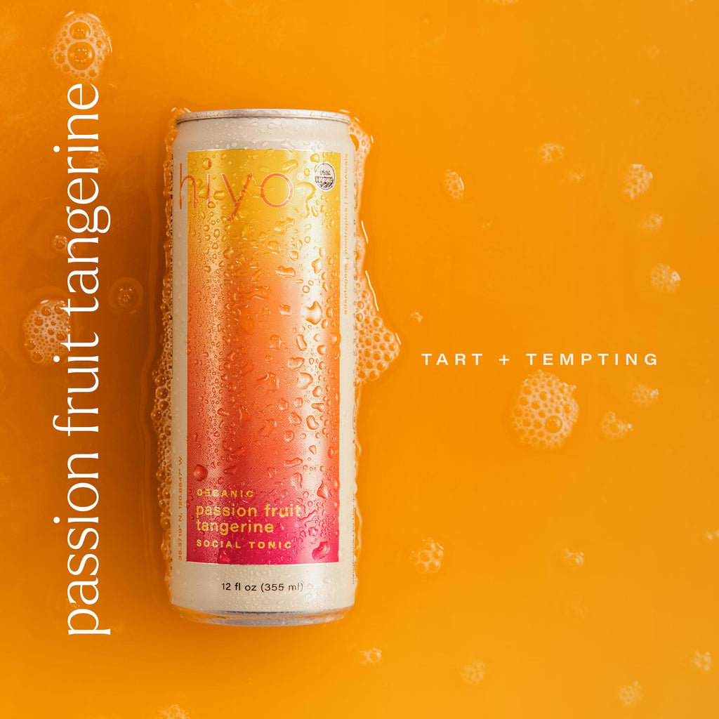 Hiyo Organic Social Tonic- Passion Fruit Tangerine, 4 pack - N.A. Functional Seltzer, Sparkling Water Crafted with Organic Adaptogens, Nootropics, & Botanicals