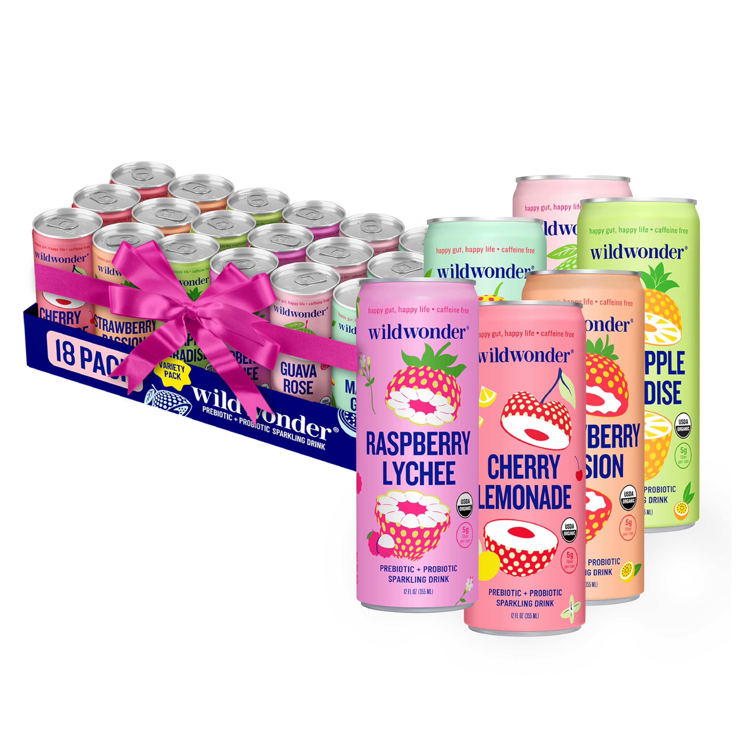 Wildwonder Sparkling Probiotic Juice Drink 12pk, w/Gut Health Immunity & Support 5g Fiber, Live Probiotics, Caffeine Free, Organic, Vegan, Low Sugar, 12pk 12oz, As Seen on Shark Tank