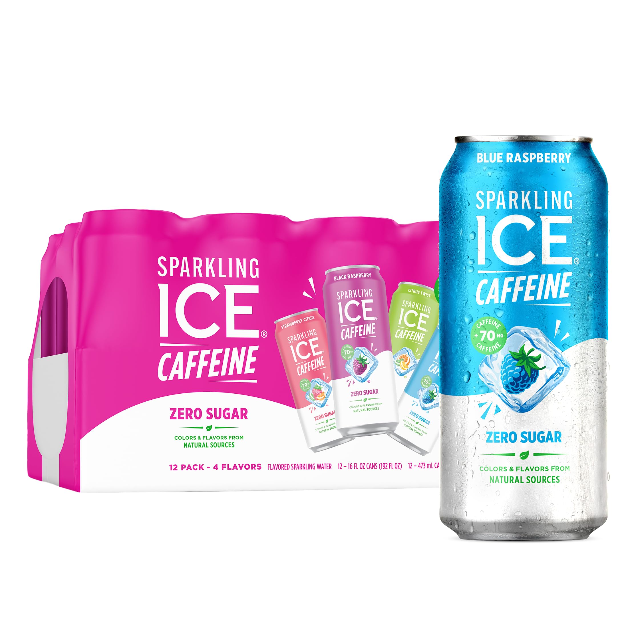 Sparkling Ice +Caffeine Sparkling Water, with Antioxidants and Vitamins, Zero Sugar, 16 fl oz Cans (Pack of 12)