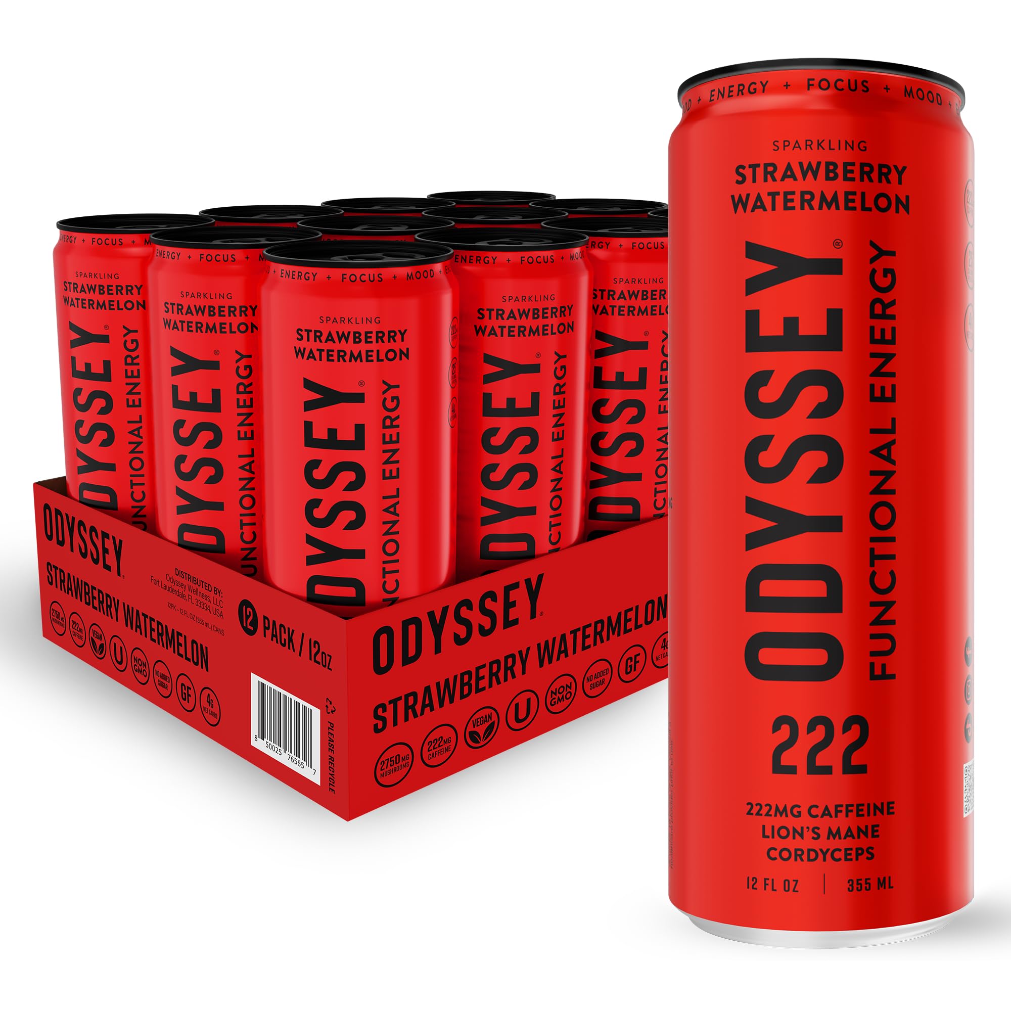 Odyssey Functional Energy Drink for Focus, Cognition & Mood Support 12 Pack - Adaptopgenic Drink with 222mg Green Tea Caffeine, Lion’s Mane, Cordyceps, L-Theanine & Ginseng