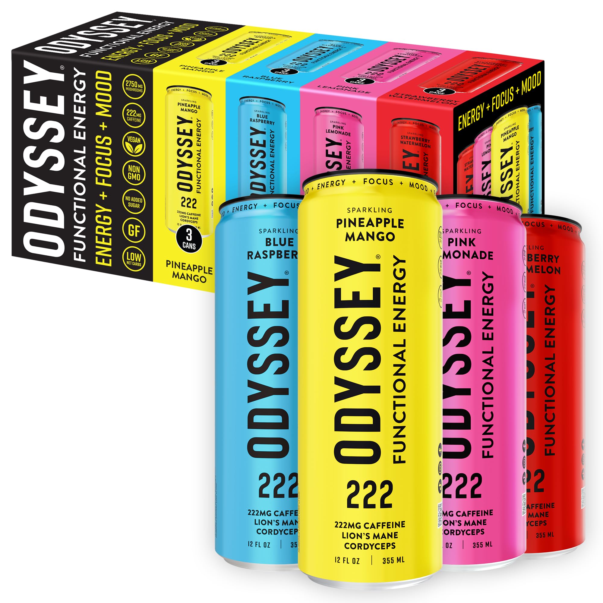 Odyssey Functional Energy Drink for Focus, Cognition & Mood Support 12 Pack - Adaptopgenic Drink with 222mg Green Tea Caffeine, Lion’s Mane, Cordyceps, L-Theanine & Ginseng