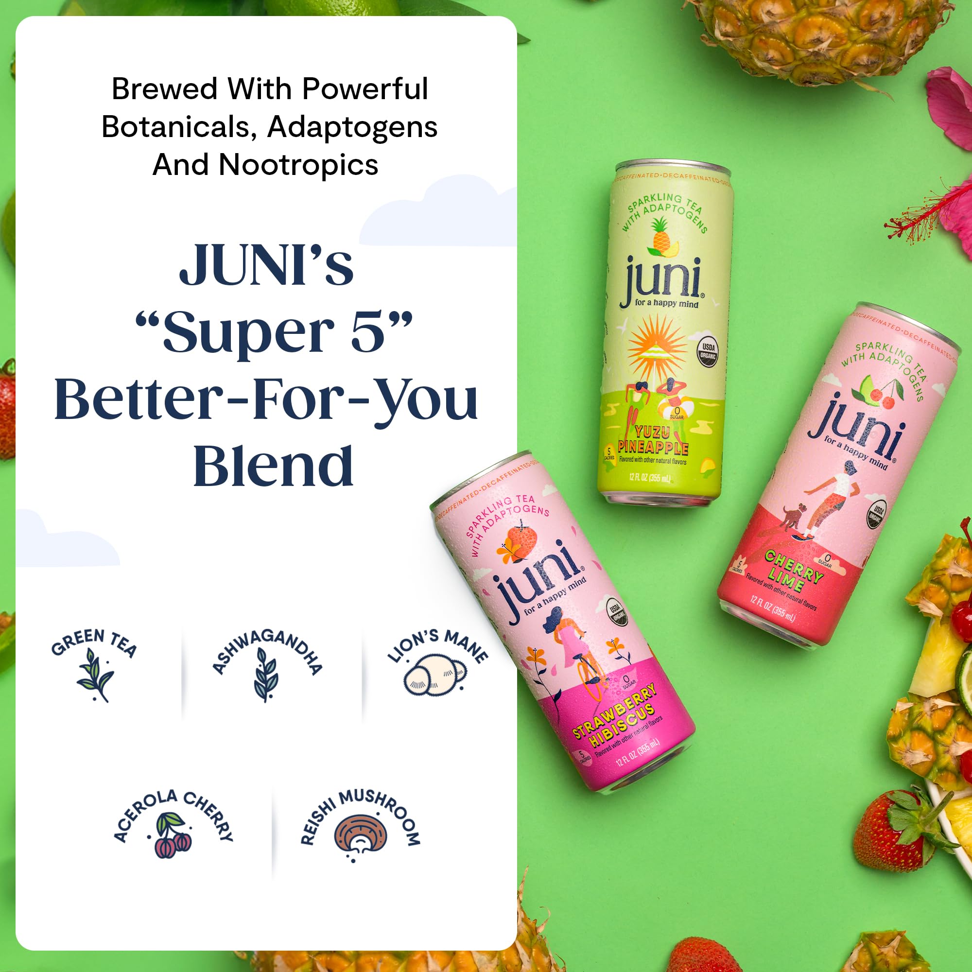 Juni Sparkling Adaptogen Drink with Ashwagandha, Lion’s Mane & Reishi Mushrooms | Green Tea for Focus, Zero Sugar, 5 Calories | Decaffeinated, Non Alcoholic Drinks -12oz Cans