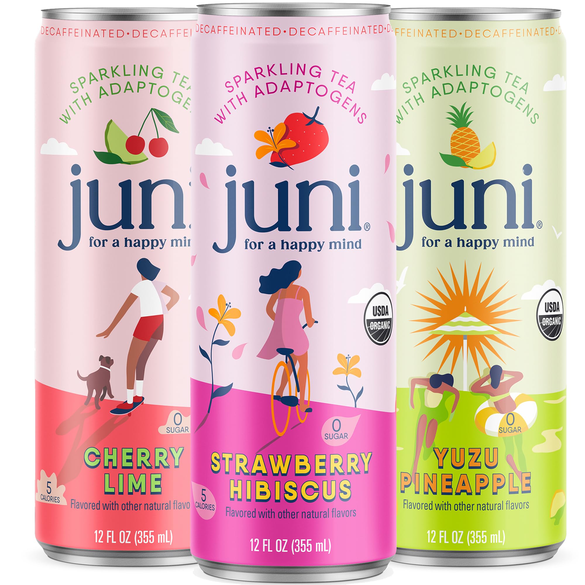 Juni Sparkling Adaptogen Drink with Ashwagandha, Lion’s Mane & Reishi Mushrooms | Green Tea for Focus, Zero Sugar, 5 Calories | Decaffeinated, Non Alcoholic Drinks -12oz Cans