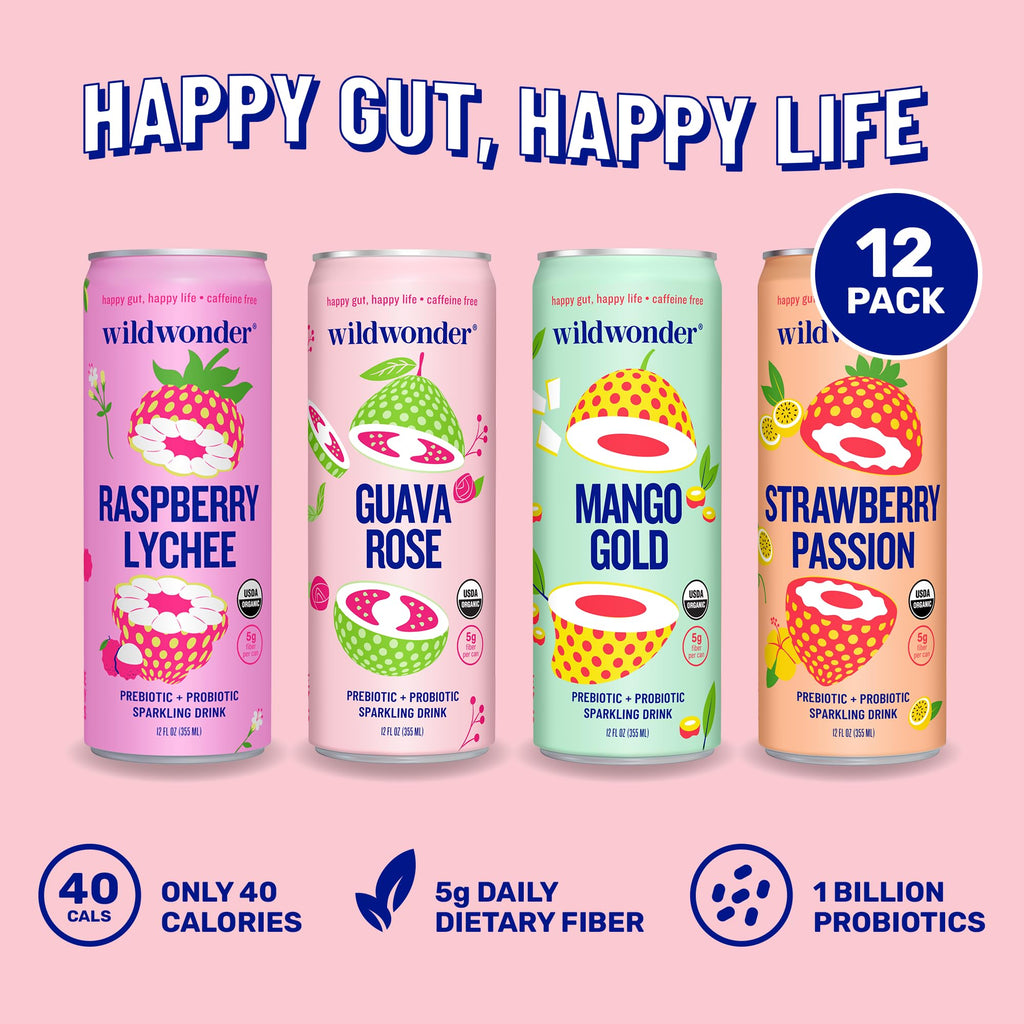 Wildwonder Sparkling Probiotic Juice Drink 12pk, w/Gut Health Immunity & Support 5g Fiber, Live Probiotics, Caffeine Free, Organic, Vegan, Low Sugar, 12pk 12oz, As Seen on Shark Tank