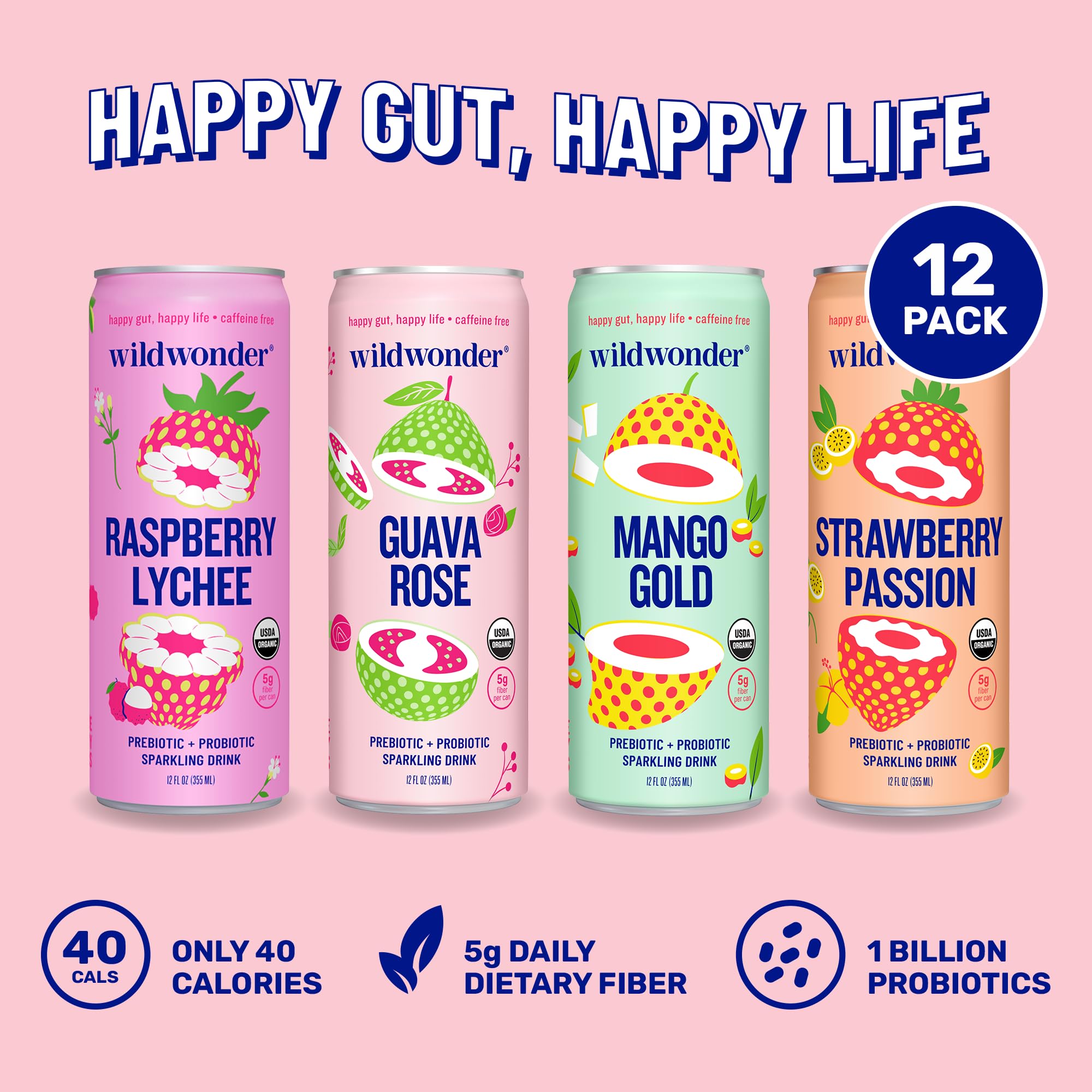 Wildwonder Sparkling Probiotic Juice Drink 12pk, w/Gut Health Immunity & Support 5g Fiber, Live Probiotics, Caffeine Free, Organic, Vegan, Low Sugar, 12pk 12oz, As Seen on Shark Tank