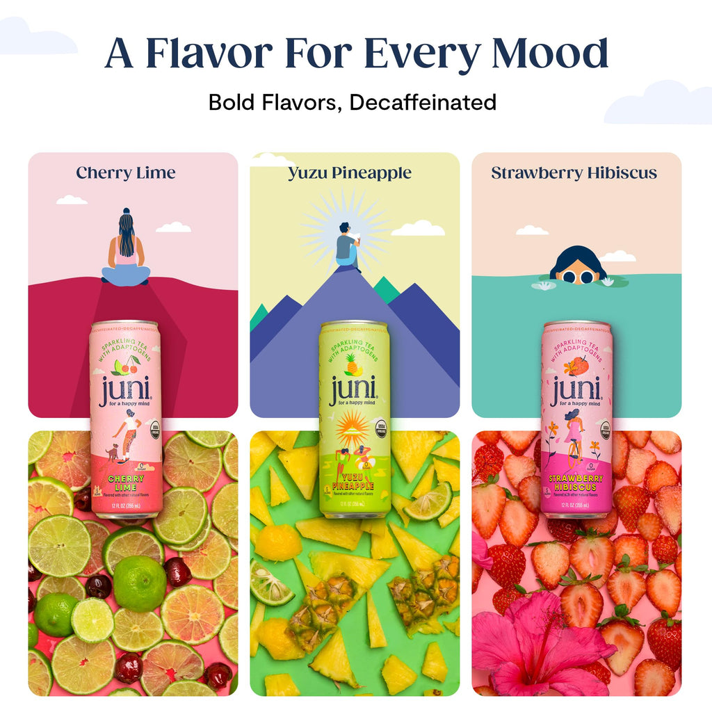Juni Sparkling Adaptogen Drink with Ashwagandha, Lion’s Mane & Reishi Mushrooms | Green Tea for Focus, Zero Sugar, 5 Calories | Decaffeinated, Non Alcoholic Drinks -12oz Cans