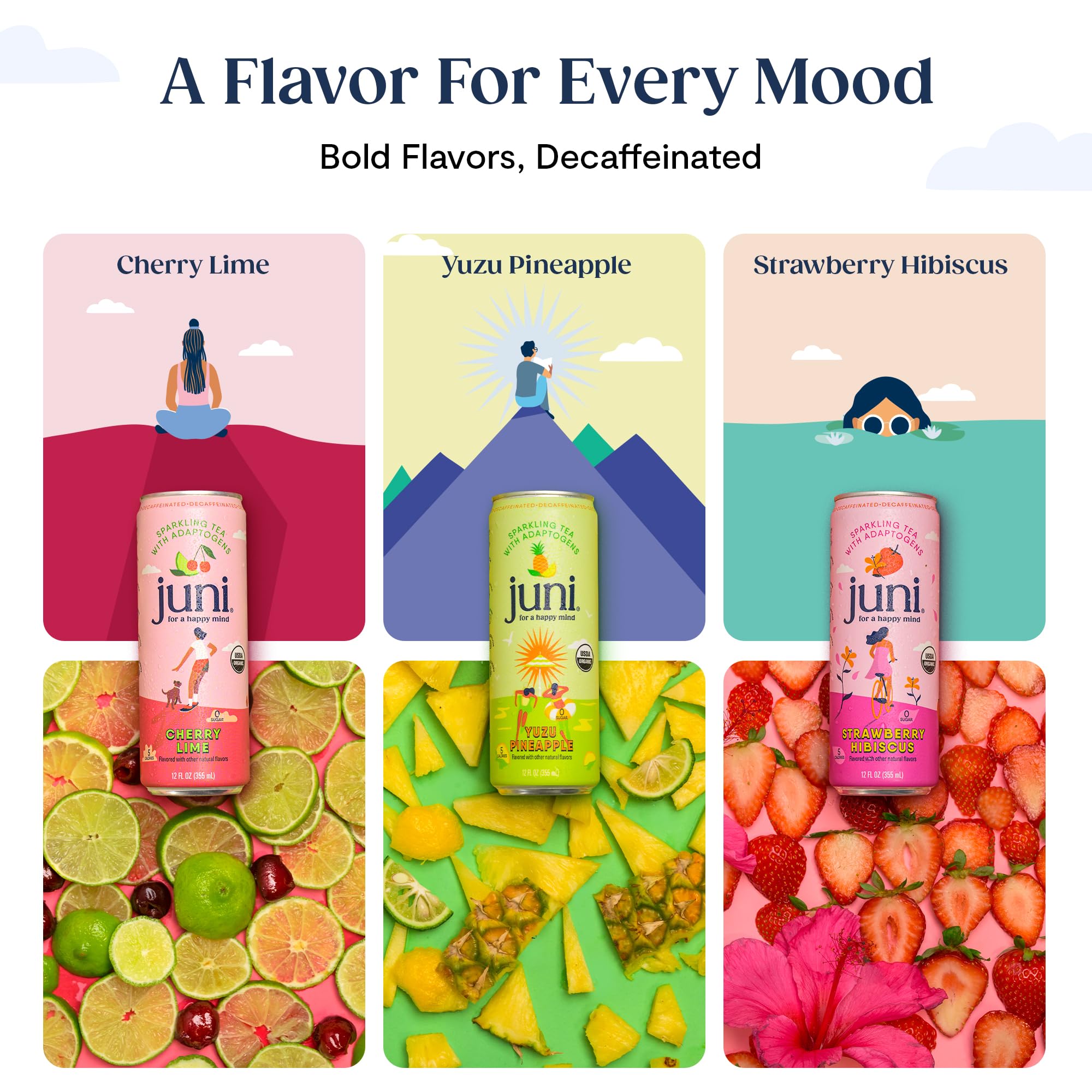 Juni Sparkling Adaptogen Drink with Ashwagandha, Lion’s Mane & Reishi Mushrooms | Green Tea for Focus, Zero Sugar, 5 Calories | Decaffeinated, Non Alcoholic Drinks -12oz Cans