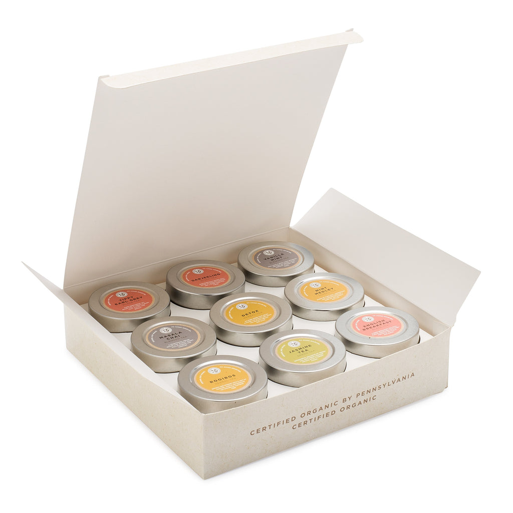 Golden Moon Tea LOOSE LEAF TEA SAMPLER - 9 Variety Pack - Organic Tea Sampler Gift Set - Black Tea, Green Tea, White Tea, Herbal Tea