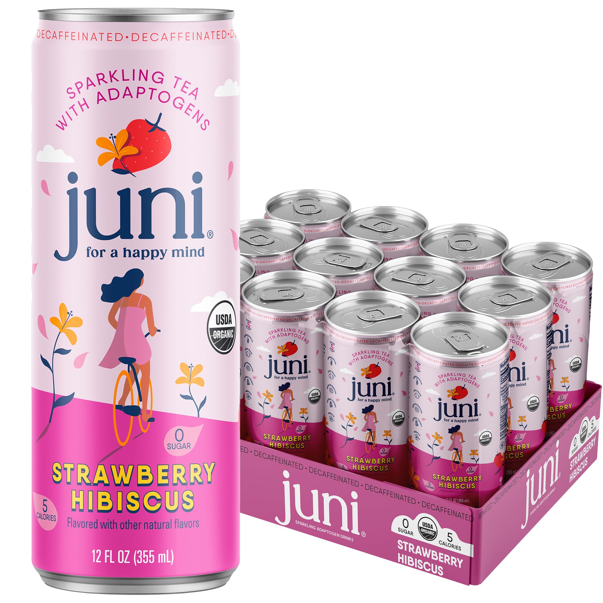 Juni Sparkling Adaptogen Drink with Ashwagandha, Lion’s Mane & Reishi Mushrooms | Green Tea for Focus, Zero Sugar, 5 Calories | Decaffeinated, Non Alcoholic Drinks -12oz Cans