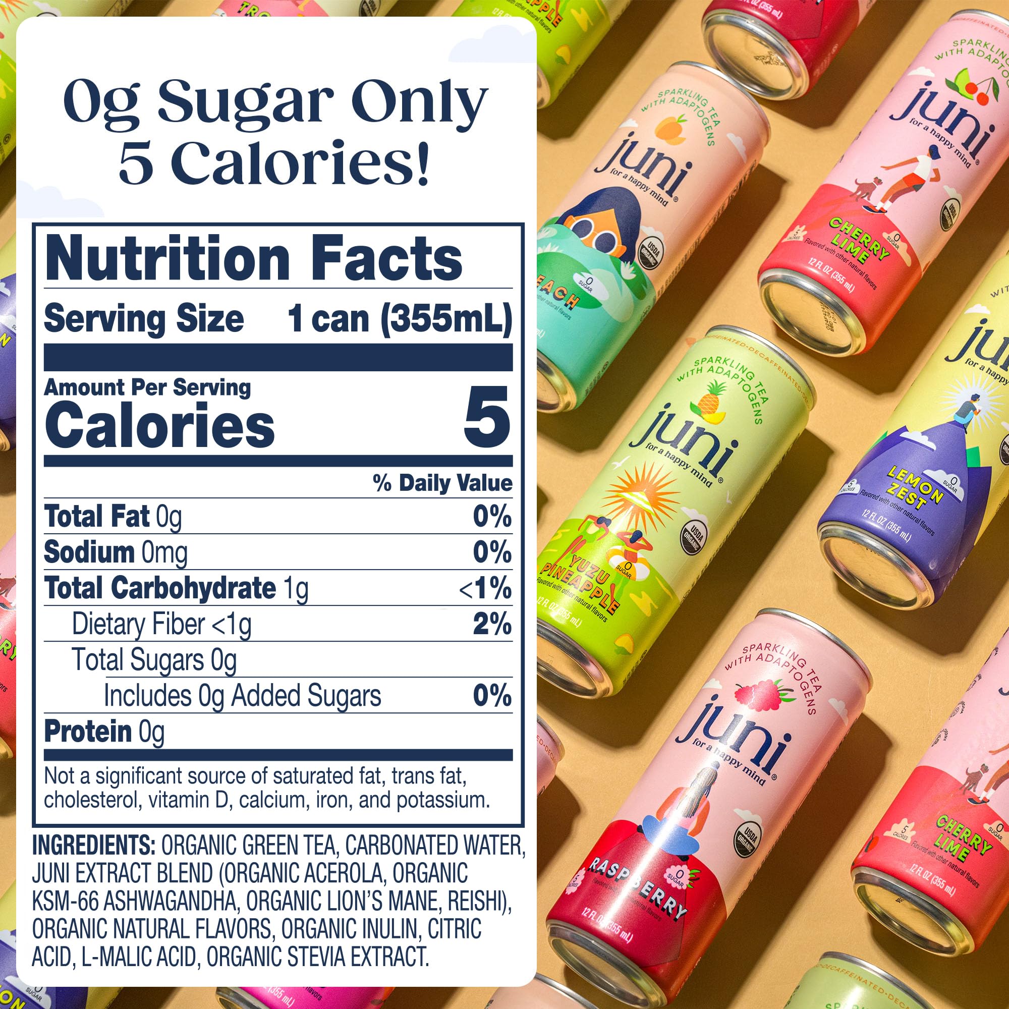 Juni Sparkling Adaptogen Drink with Ashwagandha, Lion’s Mane & Reishi Mushrooms | Green Tea for Focus, Zero Sugar, 5 Calories | Decaffeinated, Non Alcoholic Drinks -12oz Cans